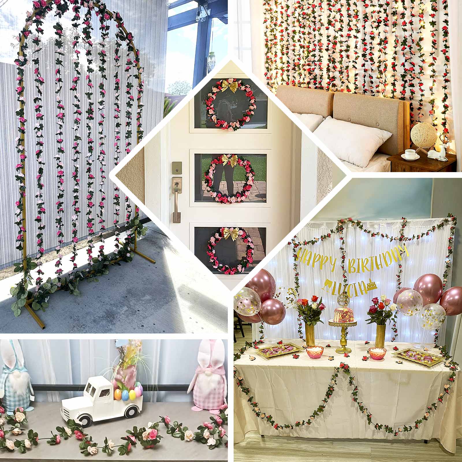 2 Pack 8ft Cream Ivory Artificial Silk Flower Garland Mini Rose Vines with 45 Flower Heads - Bell Racket Store