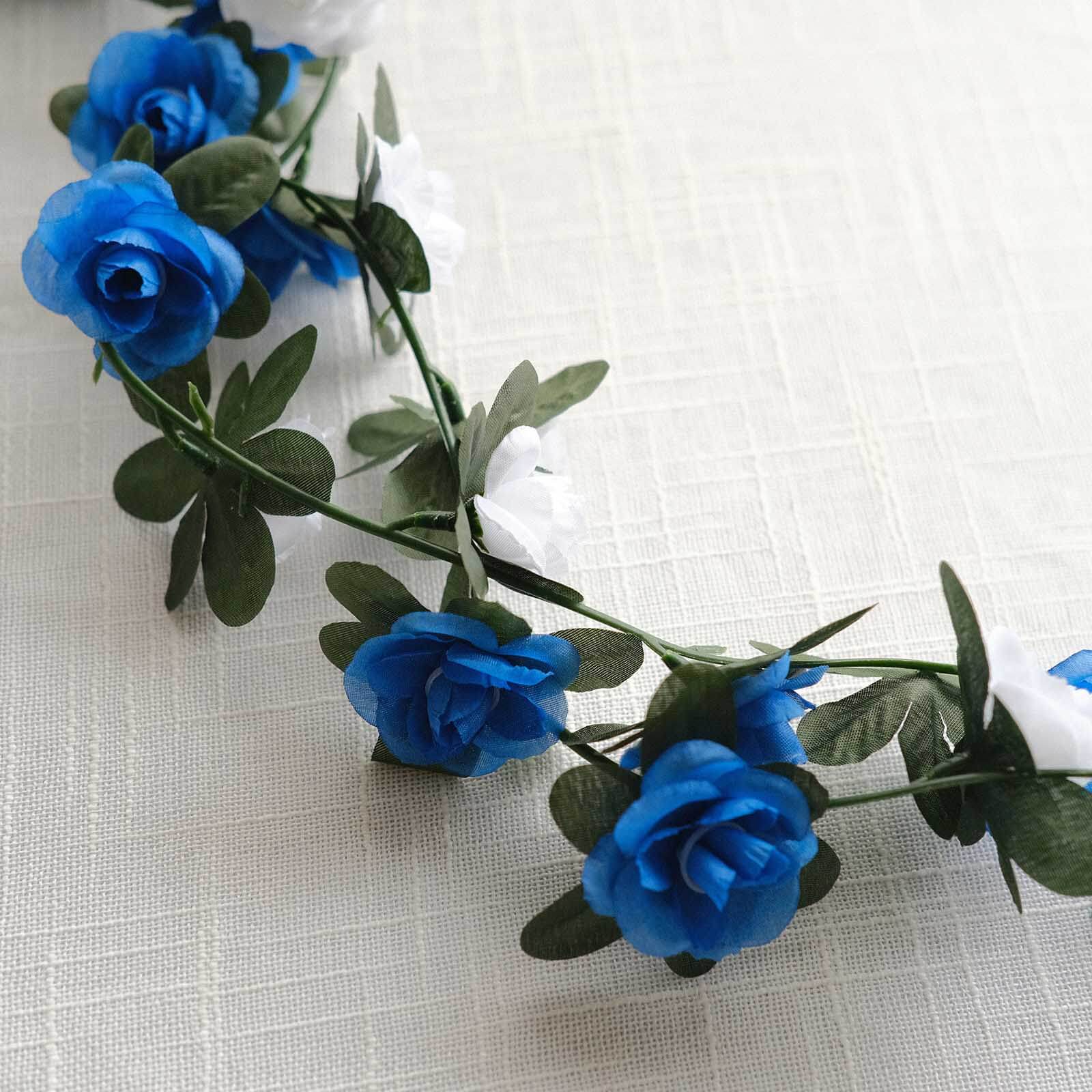2 Pack 8ft White Royal Blue Artificial Silk Flower Garland Mini Rose Vines with 45 Flower Heads - Bell Racket Store