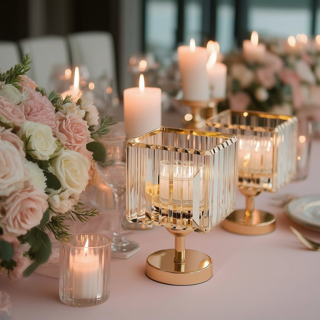 2 Pack 9" Crystal Pendant Hurricane Candle Holders in Gold, Elegant Square Design for Pillar Candles, Decorative Table Centerpieces - Bell Racket Store