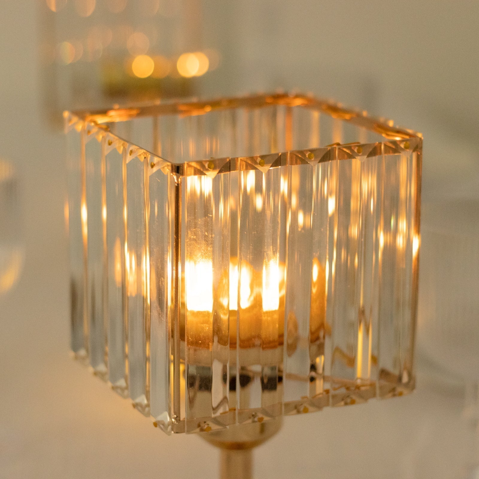 2 Pack 9" Crystal Pendant Hurricane Candle Holders in Gold, Elegant Square Design for Pillar Candles, Decorative Table Centerpieces - Bell Racket Store