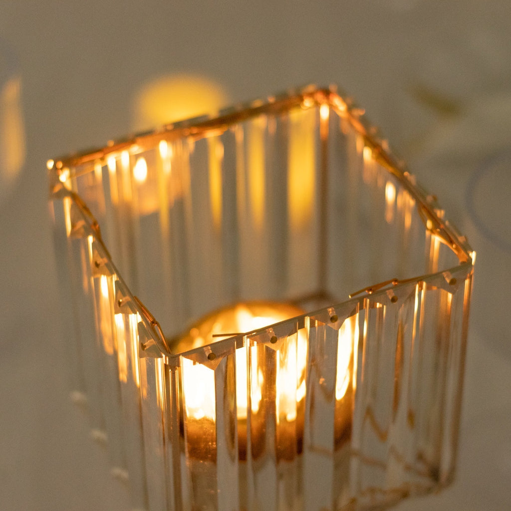 2 Pack 9" Crystal Pendant Hurricane Candle Holders in Gold, Elegant Square Design for Pillar Candles, Decorative Table Centerpieces - Bell Racket Store