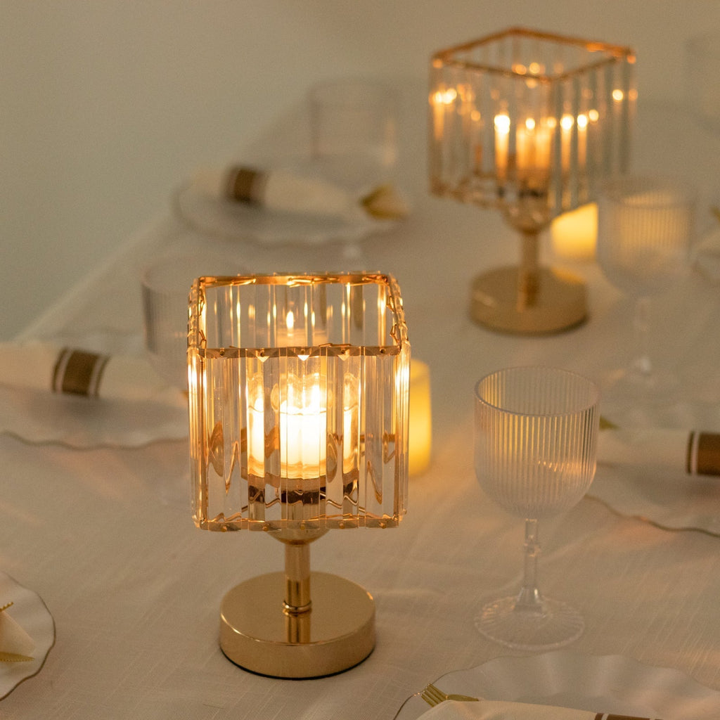2 Pack 9" Crystal Pendant Hurricane Candle Holders in Gold, Elegant Square Design for Pillar Candles, Decorative Table Centerpieces - Bell Racket Store