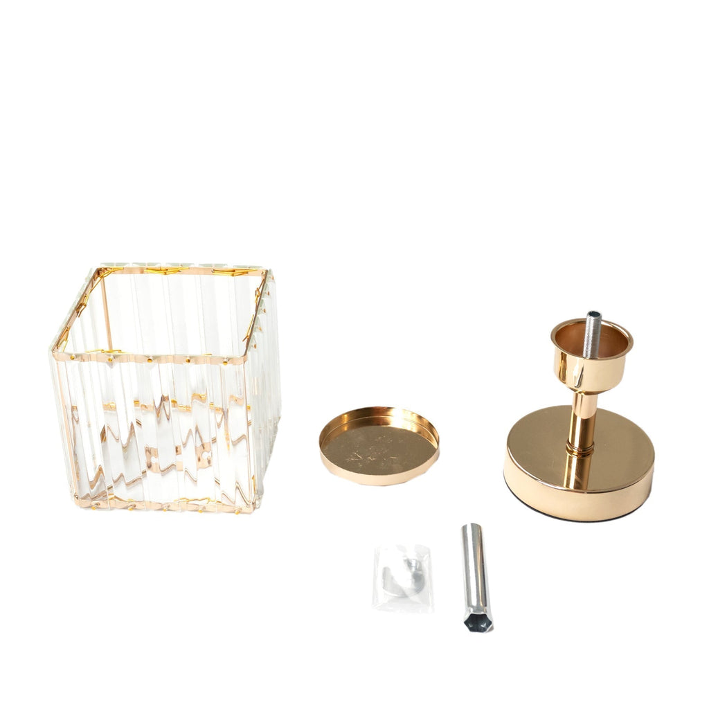 2 Pack 9" Crystal Pendant Hurricane Candle Holders in Gold, Elegant Square Design for Pillar Candles, Decorative Table Centerpieces - Bell Racket Store