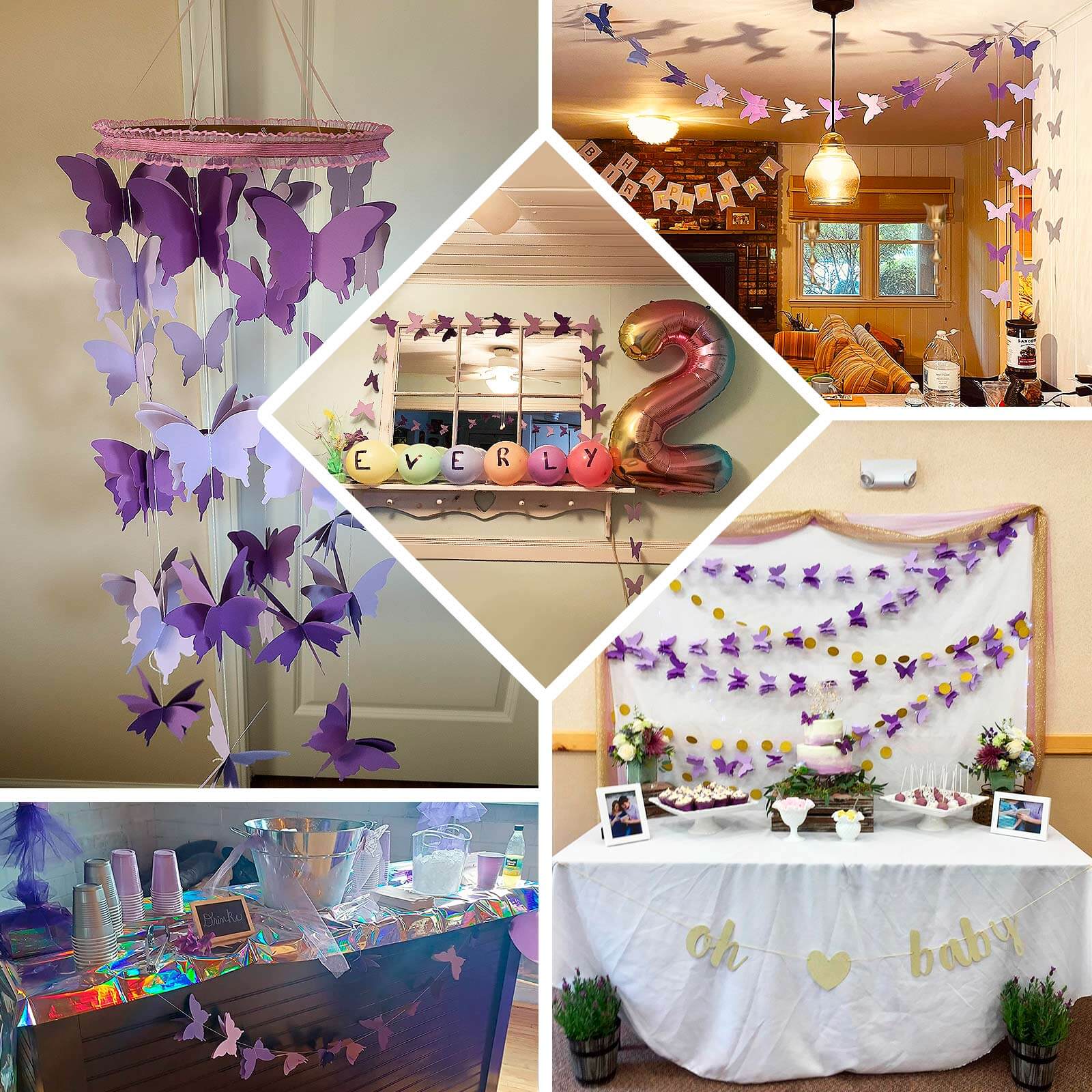 2 Pack 9ft Purple 3D Paper Butterfly Hanging Garland Streamers, Party String Banners - Bell Racket Store