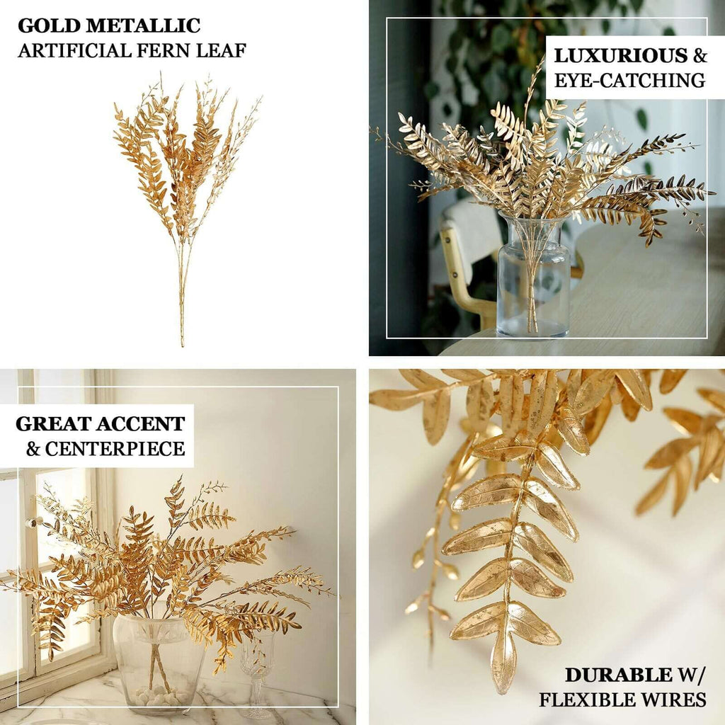 2 - Pack Artificial Fern Leaf Branches Metallic Gold - Faux Decorative Bouquets for Glamorous Centerpiece Backdrop & Floral Decor 21" - Bell Racket Store