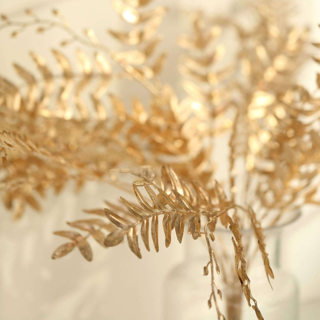 2 - Pack Artificial Fern Leaf Branches Metallic Gold - Faux Decorative Bouquets for Glamorous Centerpiece Backdrop & Floral Decor 21" - Bell Racket Store