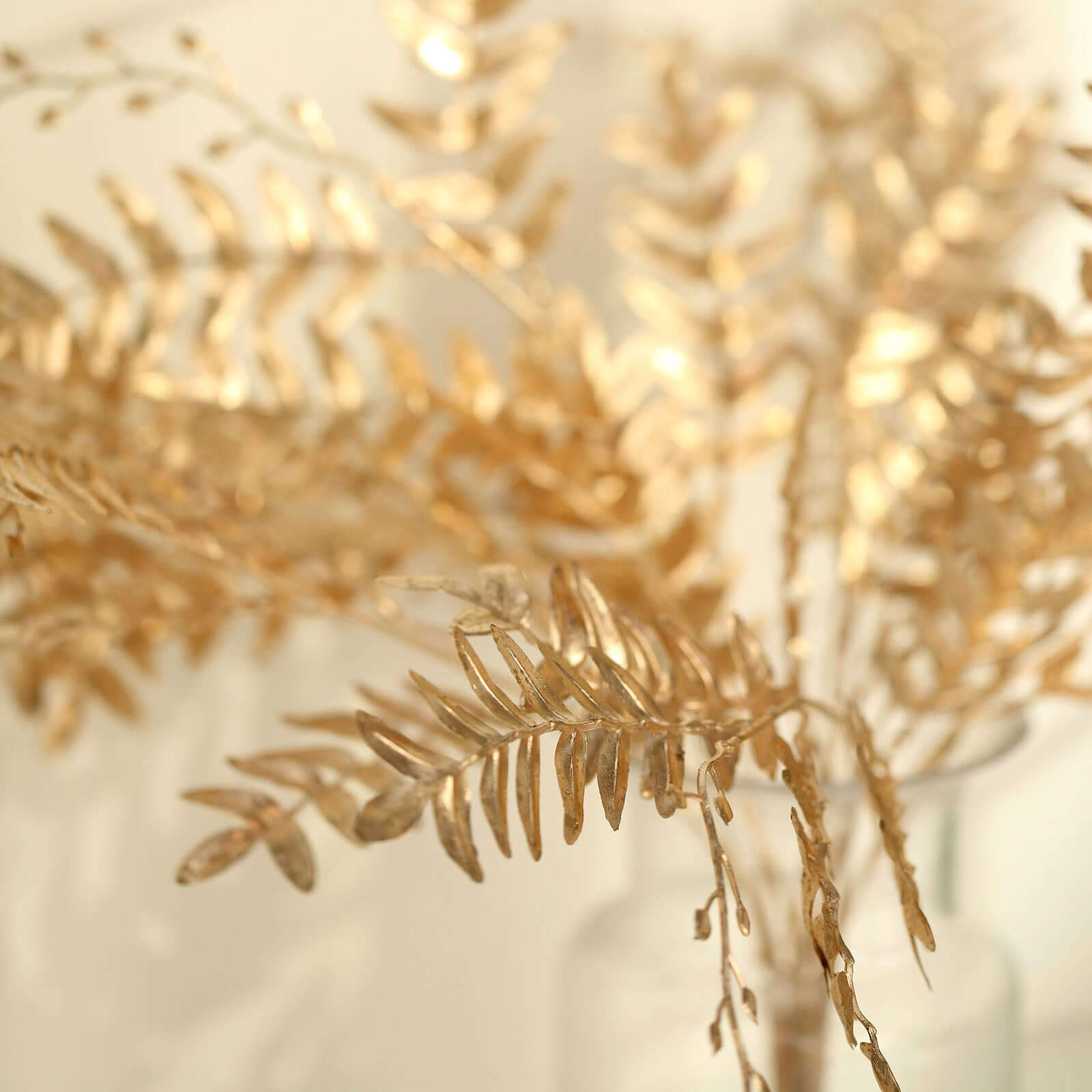 2 - Pack Artificial Fern Leaf Branches Metallic Gold - Faux Decorative Bouquets for Glamorous Centerpiece Backdrop & Floral Decor 21" - Bell Racket Store