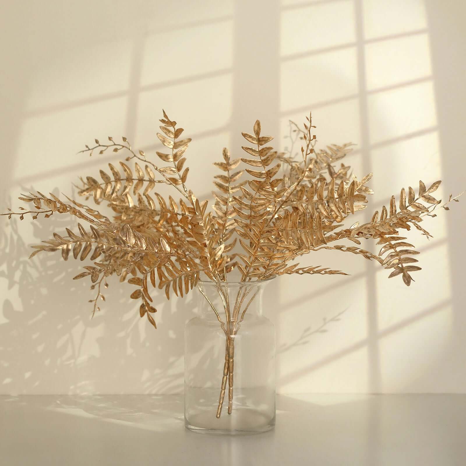 2 - Pack Artificial Fern Leaf Branches Metallic Gold - Faux Decorative Bouquets for Glamorous Centerpiece Backdrop & Floral Decor 21" - Bell Racket Store