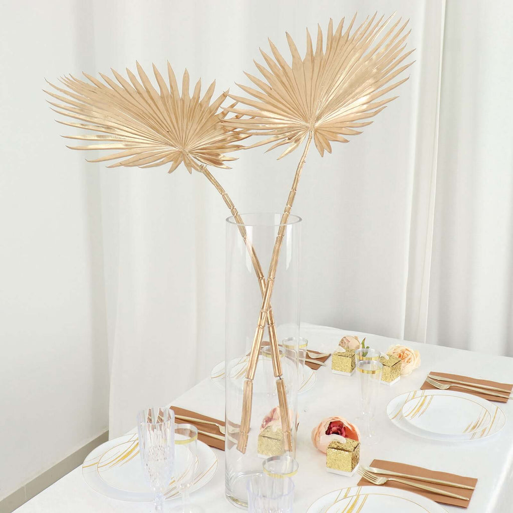 2 - Pack Artificial Palm Leaf Stems Metallic Gold - Glam Tropical Faux Plant Vase Filler Floral Backdrop Table Decor 34" - Bell Racket Store
