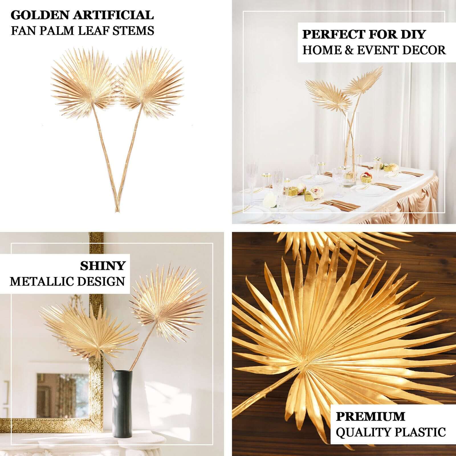 2 - Pack Artificial Palm Leaf Stems Metallic Gold - Glam Tropical Faux Plant Vase Filler Floral Backdrop Table Decor 34" - Bell Racket Store