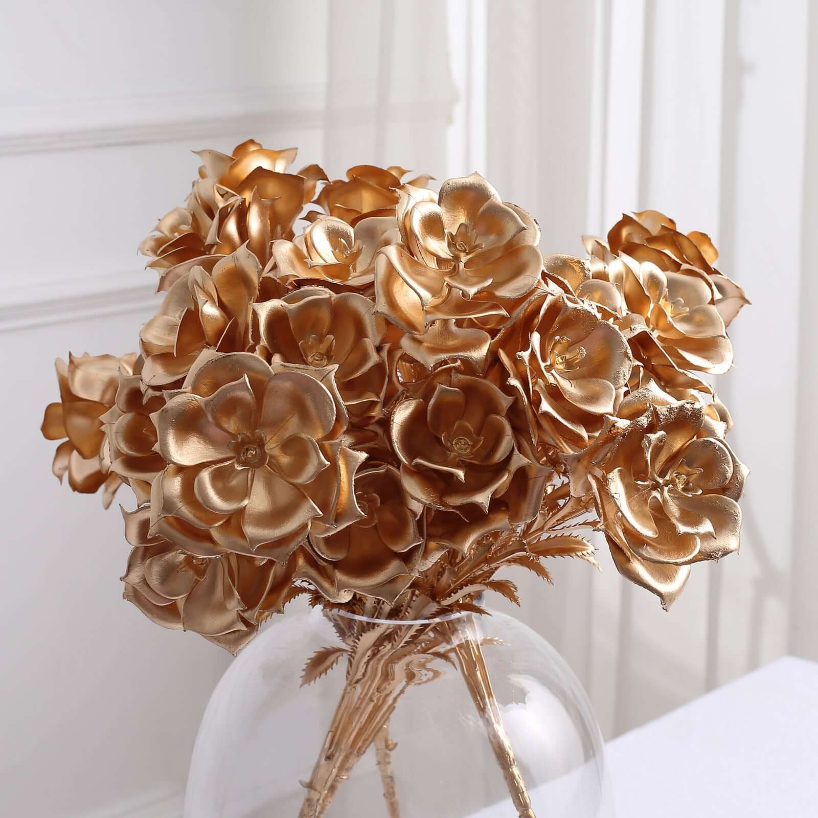 2 - Pack Artificial Rose Bloomed Flower Bouquet Metallic Gold - Lustrous Faux Floral Arrangement for Seasonal Displays & Luxurious Decor Themes 17" - Bell Racket Store
