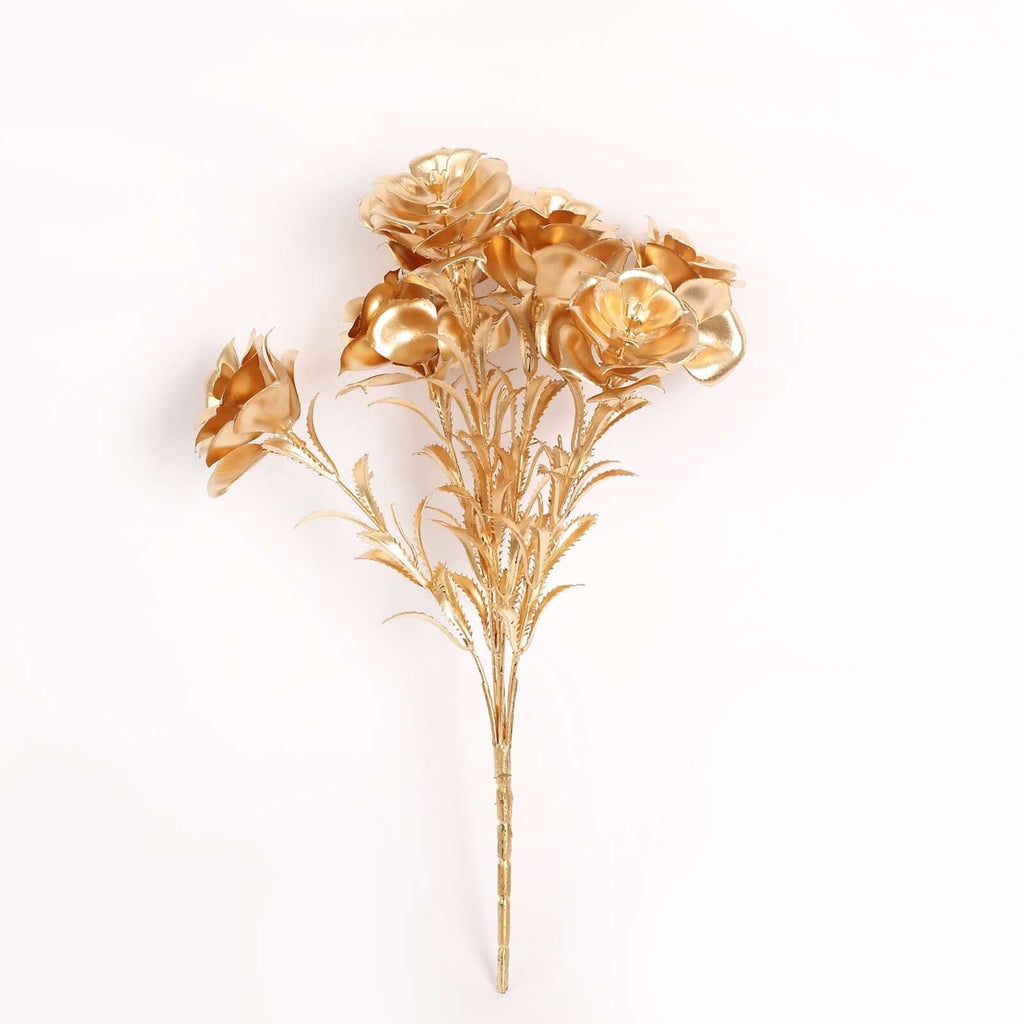 2 - Pack Artificial Rose Bloomed Flower Bouquet Metallic Gold - Lustrous Faux Floral Arrangement for Seasonal Displays & Luxurious Decor Themes 17" - Bell Racket Store