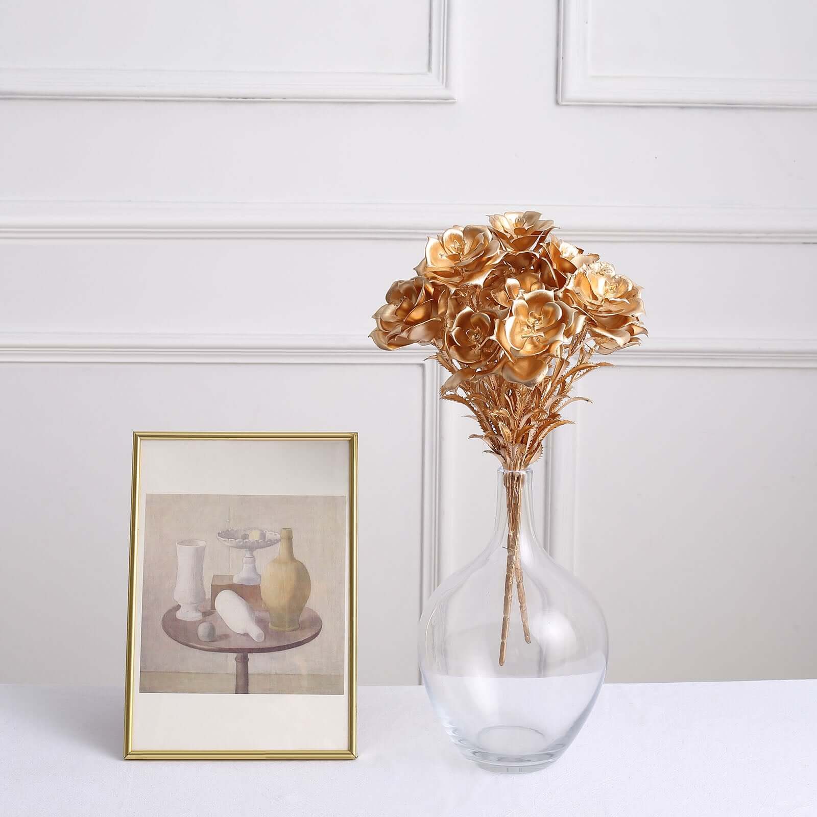 2 - Pack Artificial Rose Bloomed Flower Bouquet Metallic Gold - Lustrous Faux Floral Arrangement for Seasonal Displays & Luxurious Decor Themes 17" - Bell Racket Store