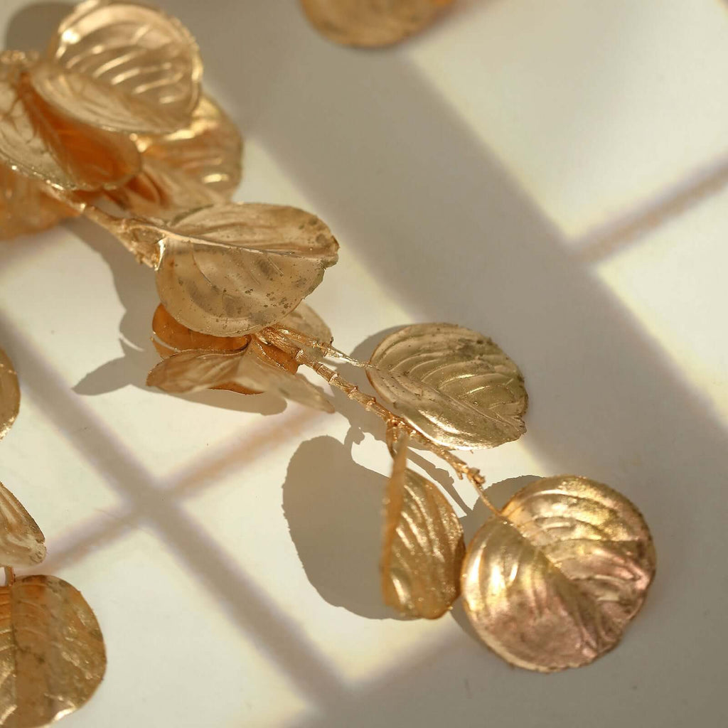 2 - Pack Artificial Round Eucalyptus Leaf Branches Metallic Gold - Lifelike Faux Stems for Modern Centerpieces & Floral Arrangements 27" - Bell Racket Store