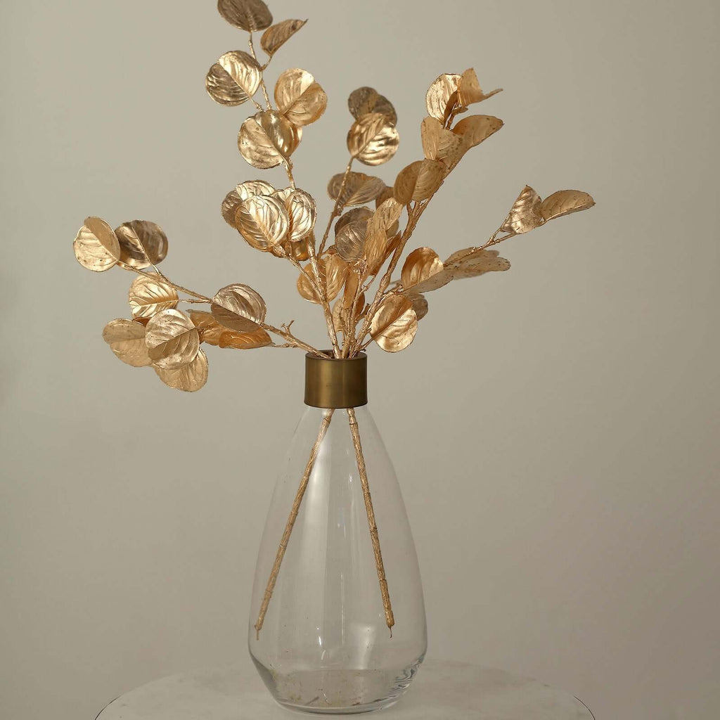 2 - Pack Artificial Round Eucalyptus Leaf Branches Metallic Gold - Lifelike Faux Stems for Modern Centerpieces & Floral Arrangements 27" - Bell Racket Store