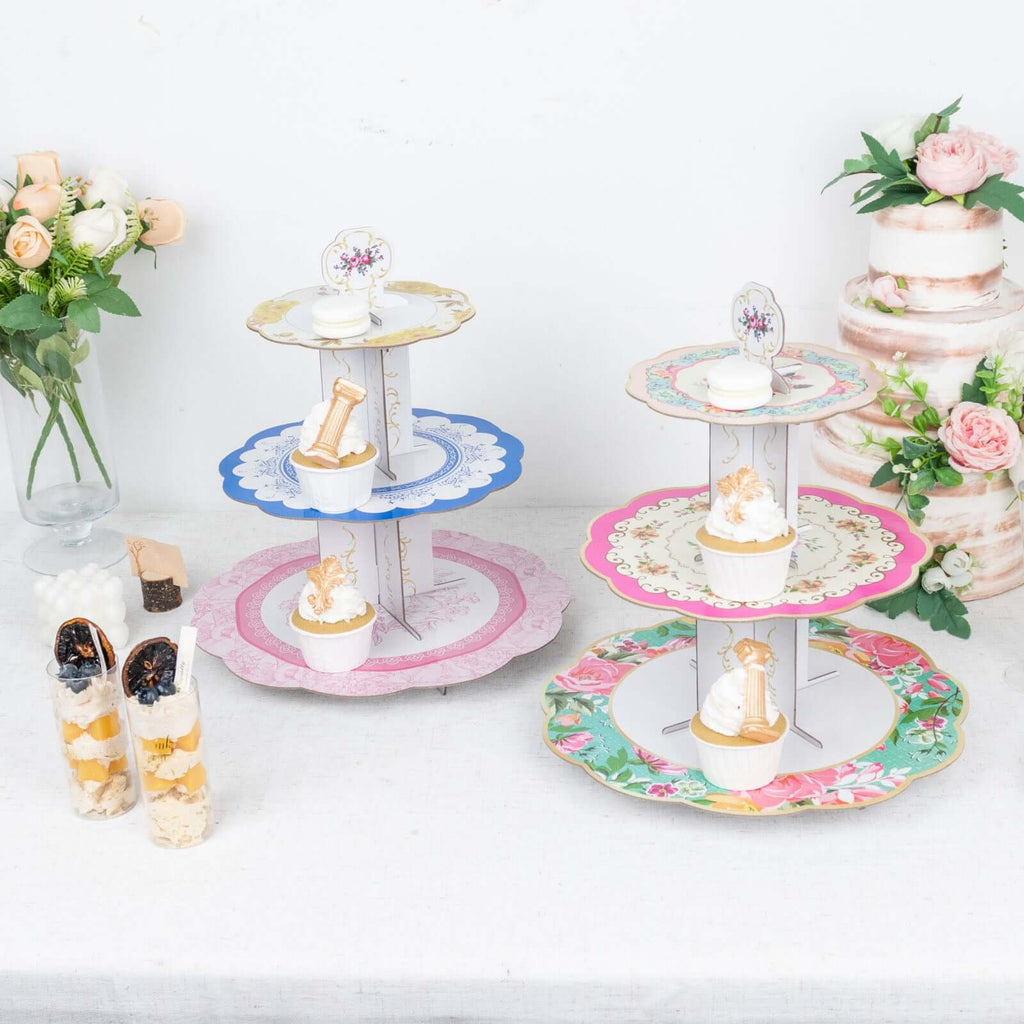 2 - Pack Cardboard Round Cupcake Stand Assorted Floral Design - 3 - Tier Reusable Dessert Display Pedestal With Scalloped Edges for Garden - Themed Celebrations 14" - Bell Racket Store