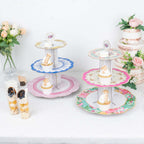 2 - Pack Cardboard Round Cupcake Stand Assorted Floral Design - 3 - Tier Reusable Dessert Display Pedestal With Scalloped Edges for Garden - Themed Celebrations 14" - Bell Racket Store