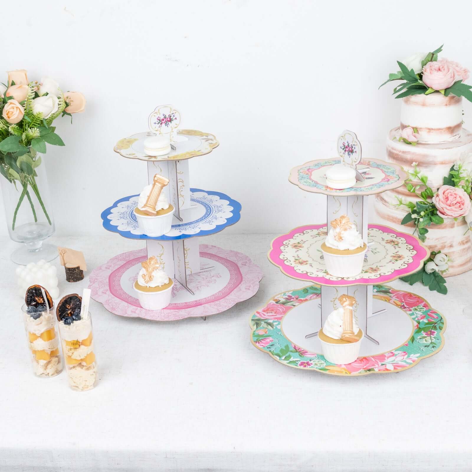 2 - Pack Cardboard Round Cupcake Stand Assorted Floral Design - 3 - Tier Reusable Dessert Display Pedestal With Scalloped Edges for Garden - Themed Celebrations 14" - Bell Racket Store