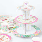 2 - Pack Cardboard Round Cupcake Stand Assorted Floral Design - 3 - Tier Reusable Dessert Display Pedestal With Scalloped Edges for Garden - Themed Celebrations 14" - Bell Racket Store