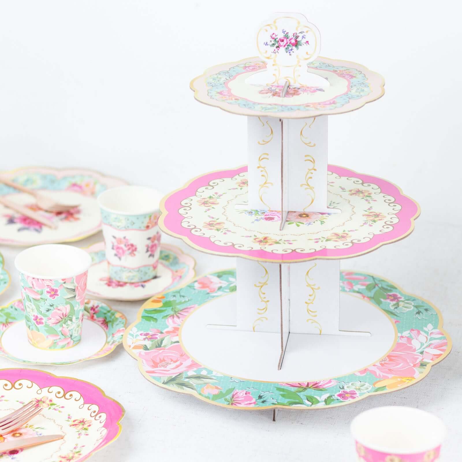 2 - Pack Cardboard Round Cupcake Stand Assorted Floral Design - 3 - Tier Reusable Dessert Display Pedestal With Scalloped Edges for Garden - Themed Celebrations 14" - Bell Racket Store