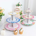 2 - Pack Cardboard Round Cupcake Stand Assorted Floral Design - 3 - Tier Reusable Dessert Display Pedestal With Scalloped Edges for Garden - Themed Celebrations 14" - Bell Racket Store