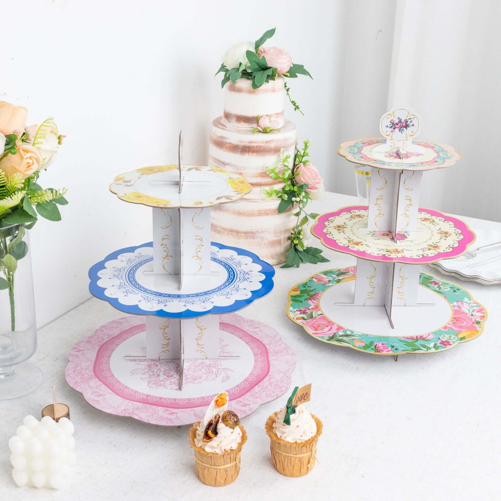 2 - Pack Cardboard Round Cupcake Stand Assorted Floral Design - 3 - Tier Reusable Dessert Display Pedestal With Scalloped Edges for Garden - Themed Celebrations 14" - Bell Racket Store