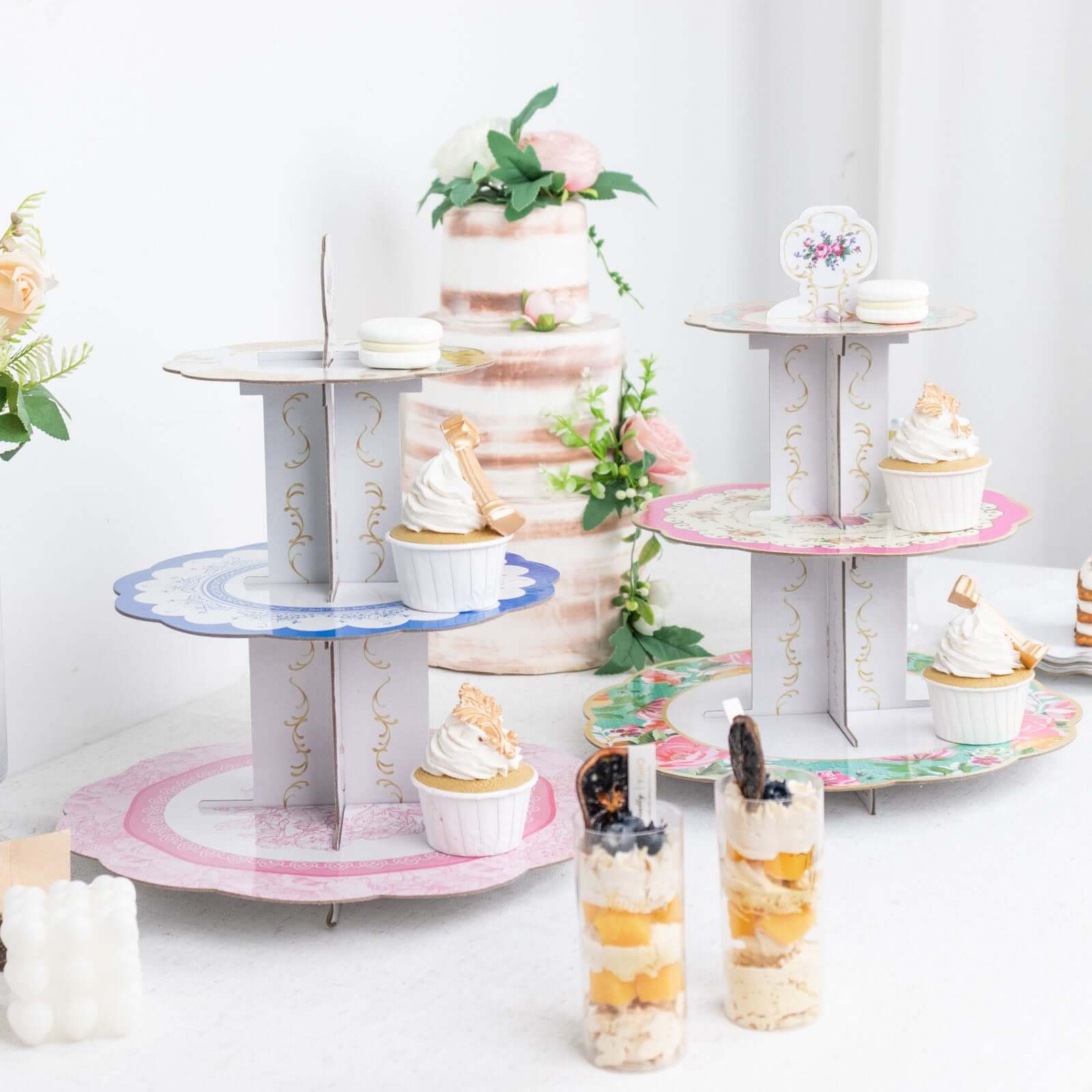 2 - Pack Cardboard Round Cupcake Stand Assorted Floral Design - 3 - Tier Reusable Dessert Display Pedestal With Scalloped Edges for Garden - Themed Celebrations 14" - Bell Racket Store