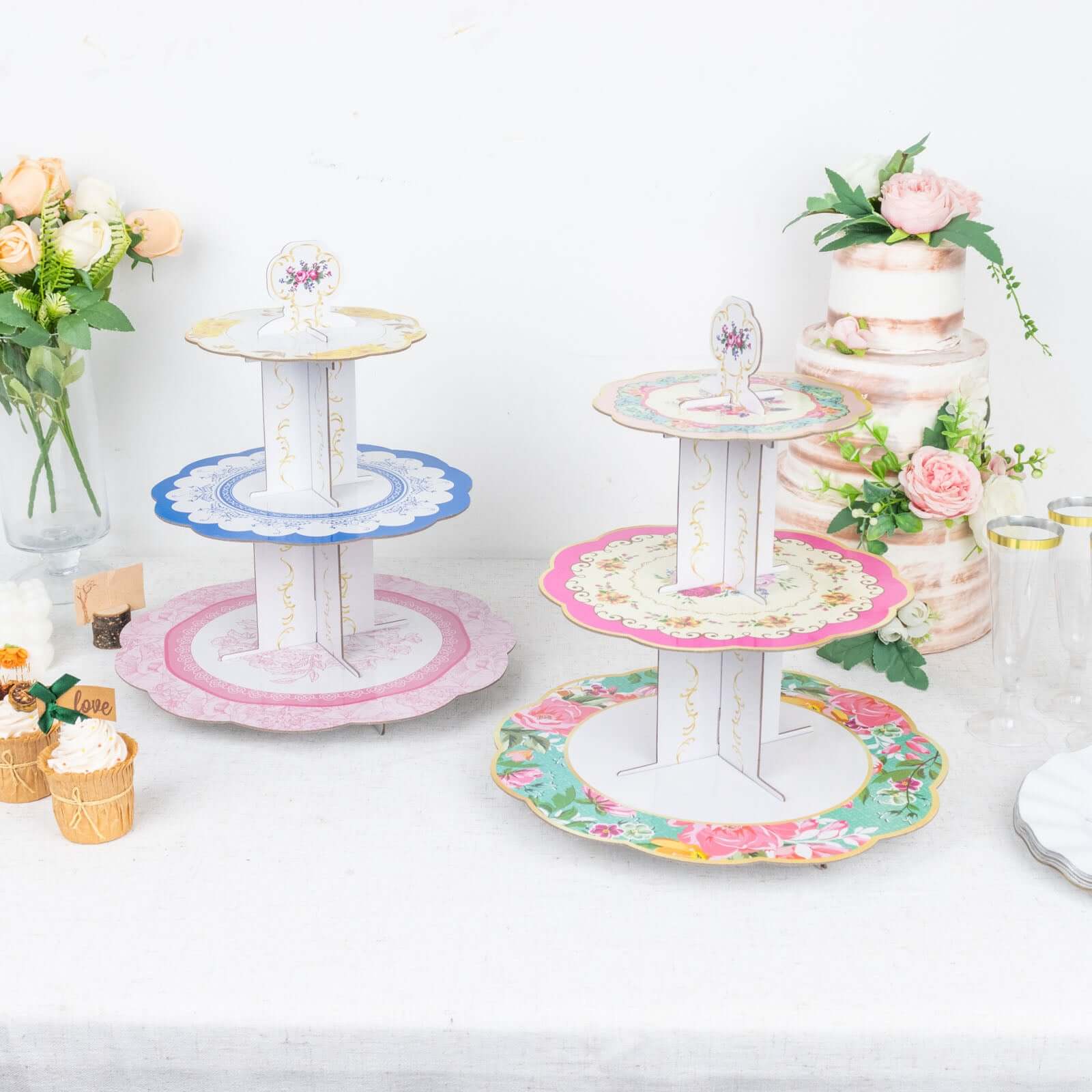 2 - Pack Cardboard Round Cupcake Stand Assorted Floral Design - 3 - Tier Reusable Dessert Display Pedestal With Scalloped Edges for Garden - Themed Celebrations 14" - Bell Racket Store