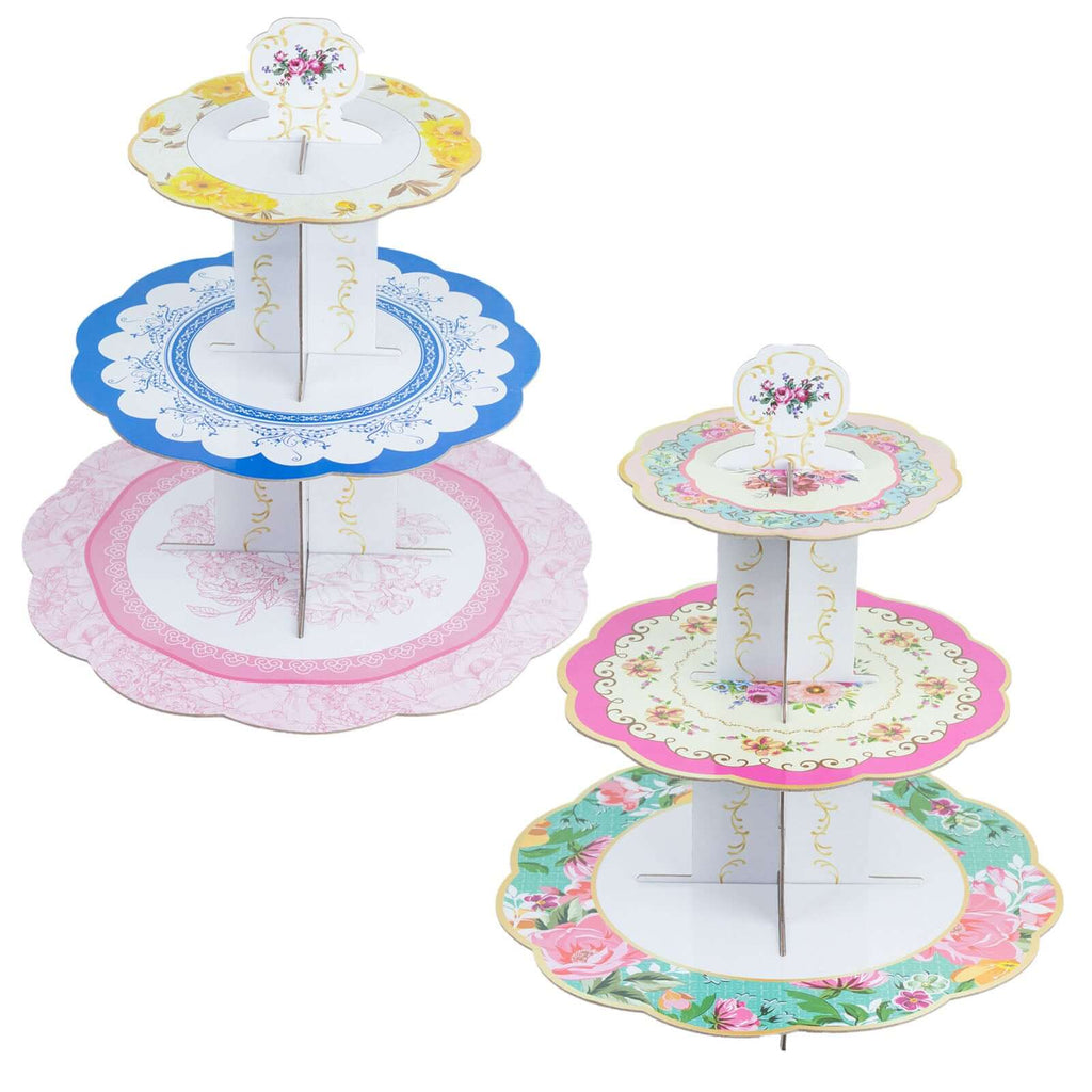 2 - Pack Cardboard Round Cupcake Stand Assorted Floral Design - 3 - Tier Reusable Dessert Display Pedestal With Scalloped Edges for Garden - Themed Celebrations 14" - Bell Racket Store
