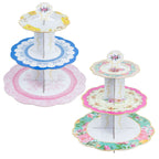 2 - Pack Cardboard Round Cupcake Stand Assorted Floral Design - 3 - Tier Reusable Dessert Display Pedestal With Scalloped Edges for Garden - Themed Celebrations 14" - Bell Racket Store