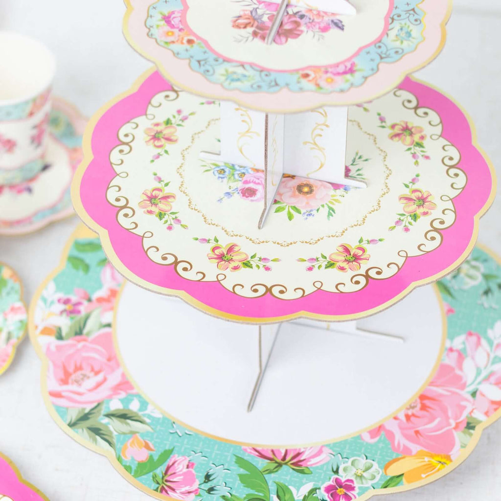 2 - Pack Cardboard Round Cupcake Stand Assorted Floral Design - 3 - Tier Reusable Dessert Display Pedestal With Scalloped Edges for Garden - Themed Celebrations 14" - Bell Racket Store
