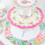 2 - Pack Cardboard Round Cupcake Stand Assorted Floral Design - 3 - Tier Reusable Dessert Display Pedestal With Scalloped Edges for Garden - Themed Celebrations 14" - Bell Racket Store