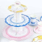 2 - Pack Cardboard Round Cupcake Stand Assorted Floral Design - 3 - Tier Reusable Dessert Display Pedestal With Scalloped Edges for Garden - Themed Celebrations 14" - Bell Racket Store