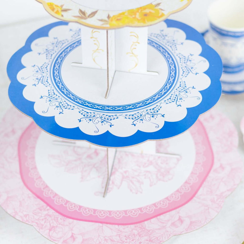 2 - Pack Cardboard Round Cupcake Stand Assorted Floral Design - 3 - Tier Reusable Dessert Display Pedestal With Scalloped Edges for Garden - Themed Celebrations 14" - Bell Racket Store