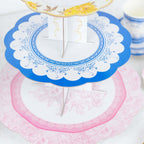 2 - Pack Cardboard Round Cupcake Stand Assorted Floral Design - 3 - Tier Reusable Dessert Display Pedestal With Scalloped Edges for Garden - Themed Celebrations 14" - Bell Racket Store