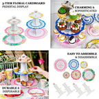 2 - Pack Cardboard Round Cupcake Stand Assorted Floral Design - 3 - Tier Reusable Dessert Display Pedestal With Scalloped Edges for Garden - Themed Celebrations 14" - Bell Racket Store