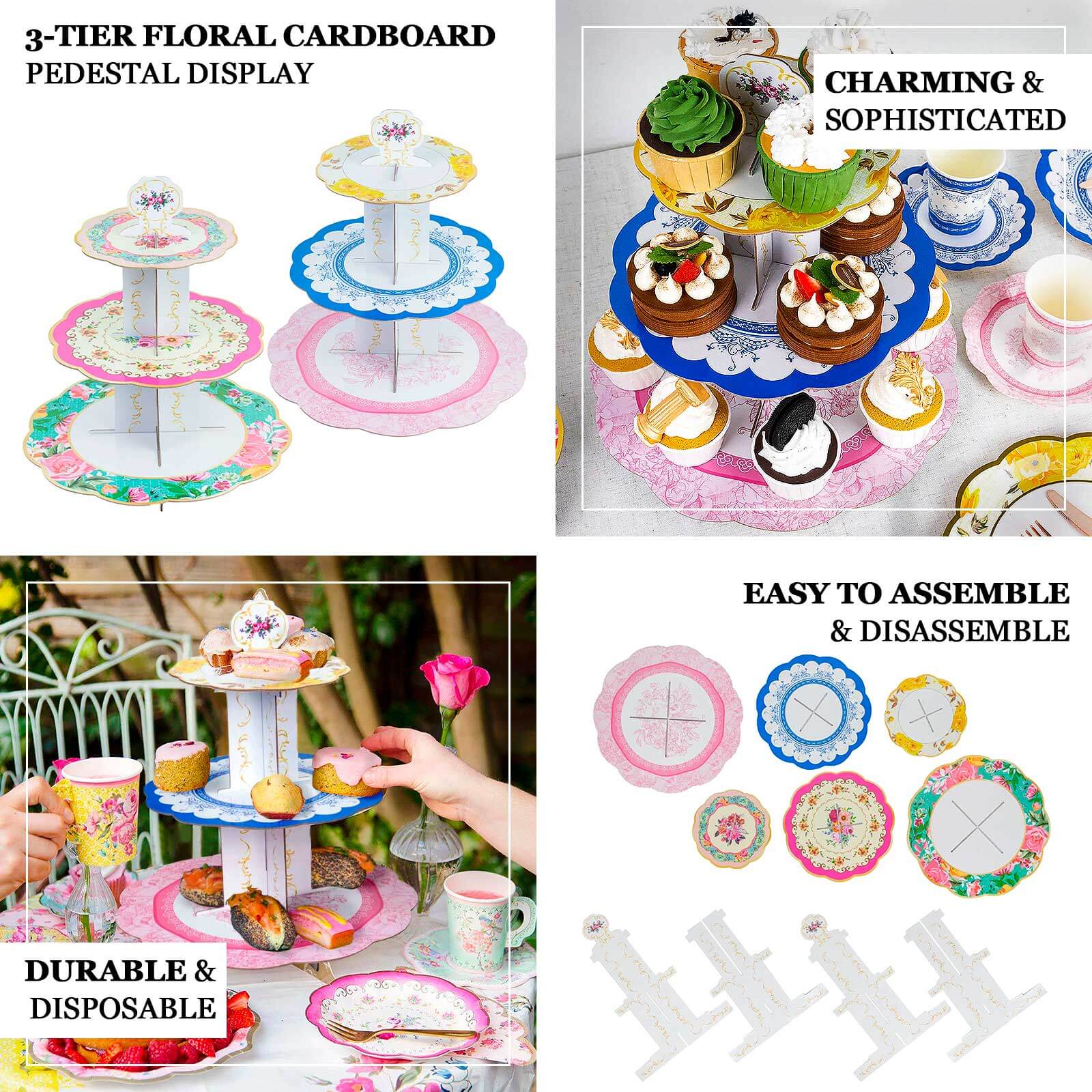 2 - Pack Cardboard Round Cupcake Stand Assorted Floral Design - 3 - Tier Reusable Dessert Display Pedestal With Scalloped Edges for Garden - Themed Celebrations 14" - Bell Racket Store