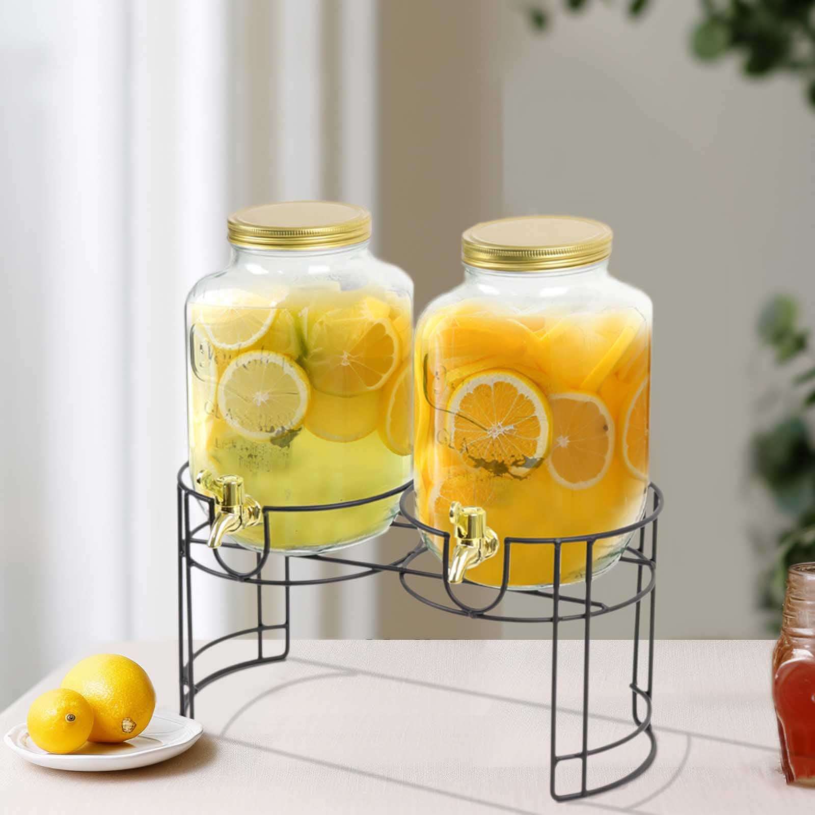 2 - Pack Clear Glass Beverage Dispenser Stand, Dual Juice Jars with Gold Metal Lids and Spigot - Convenient Serving Feature 2 - Gallon - Bell Racket Store