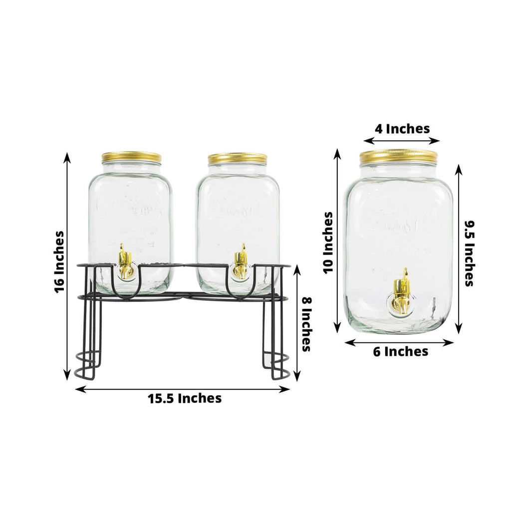 2 - Pack Clear Glass Beverage Dispenser Stand, Dual Juice Jars with Gold Metal Lids and Spigot - Convenient Serving Feature 2 - Gallon - Bell Racket Store