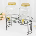 2 - Pack Clear Glass Beverage Dispenser Stand, Dual Juice Jars with Gold Metal Lids and Spigot - Convenient Serving Feature 2 - Gallon - Bell Racket Store