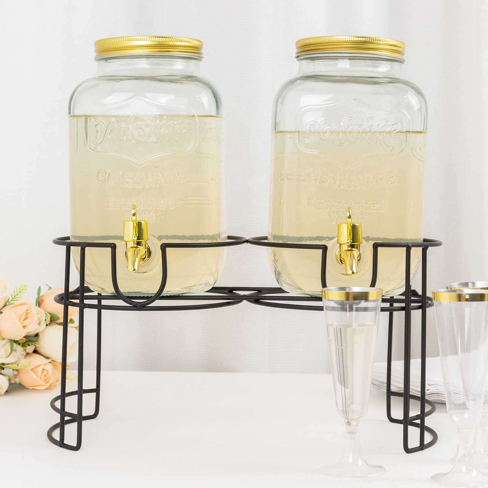2 - Pack Clear Glass Beverage Dispenser Stand, Dual Juice Jars with Gold Metal Lids and Spigot - Convenient Serving Feature 2 - Gallon - Bell Racket Store