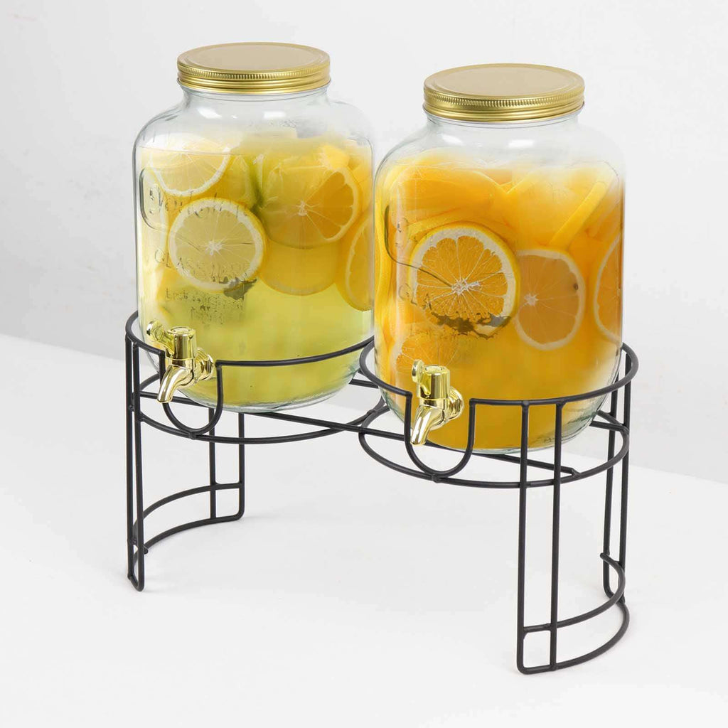 2 - Pack Clear Glass Beverage Dispenser Stand, Dual Juice Jars with Gold Metal Lids and Spigot - Convenient Serving Feature 2 - Gallon - Bell Racket Store