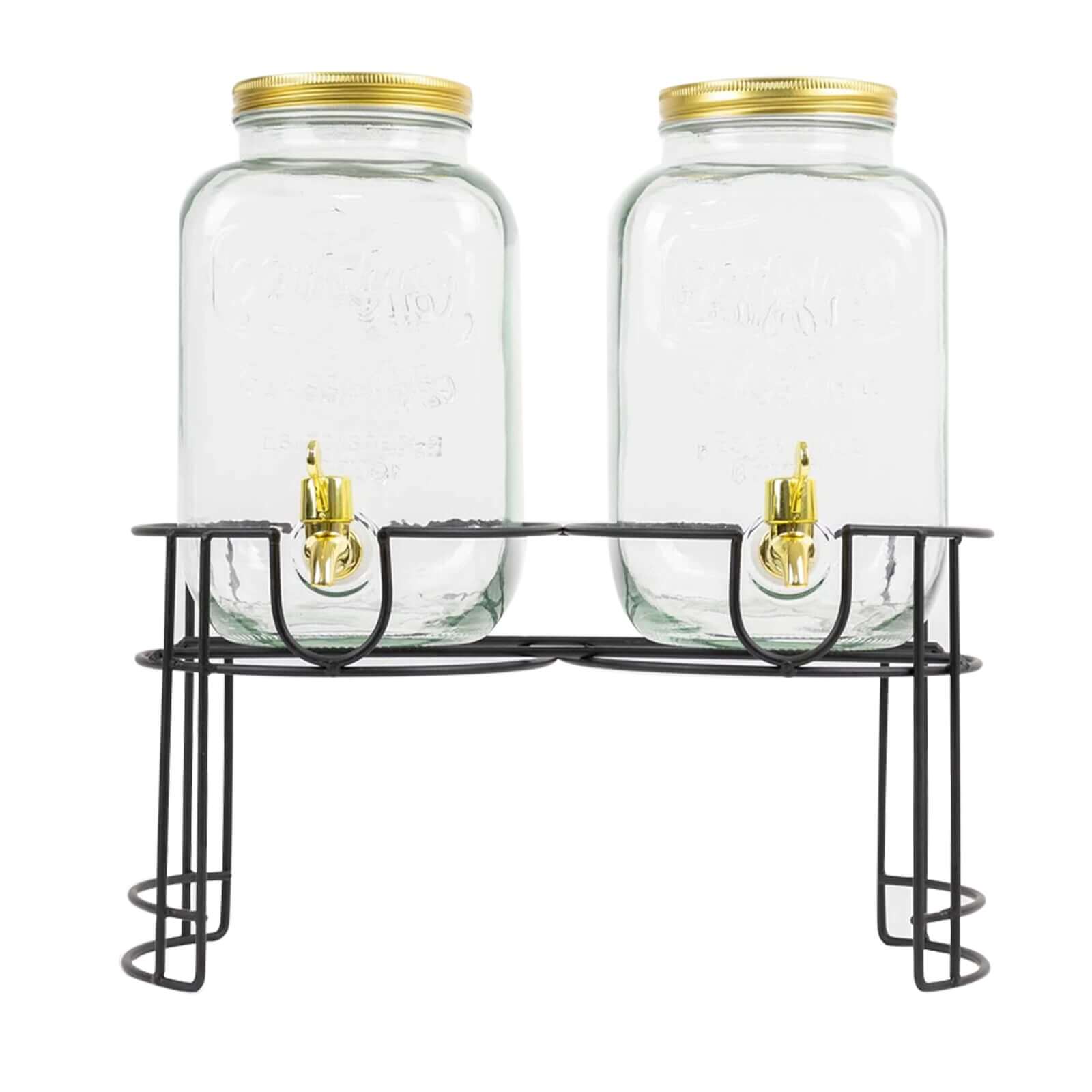 2 - Pack Clear Glass Beverage Dispenser Stand, Dual Juice Jars with Gold Metal Lids and Spigot - Convenient Serving Feature 2 - Gallon - Bell Racket Store