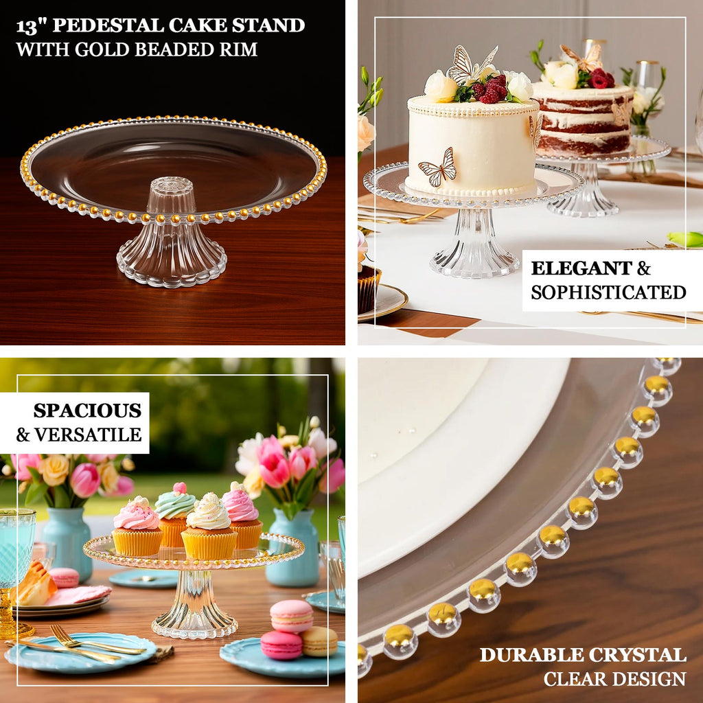 2 - Pack Clear Plastic Pedestal Cake Stands â€“ 13" Round Dessert Display Trays with Gold Beaded Rim - Bell Racket Store