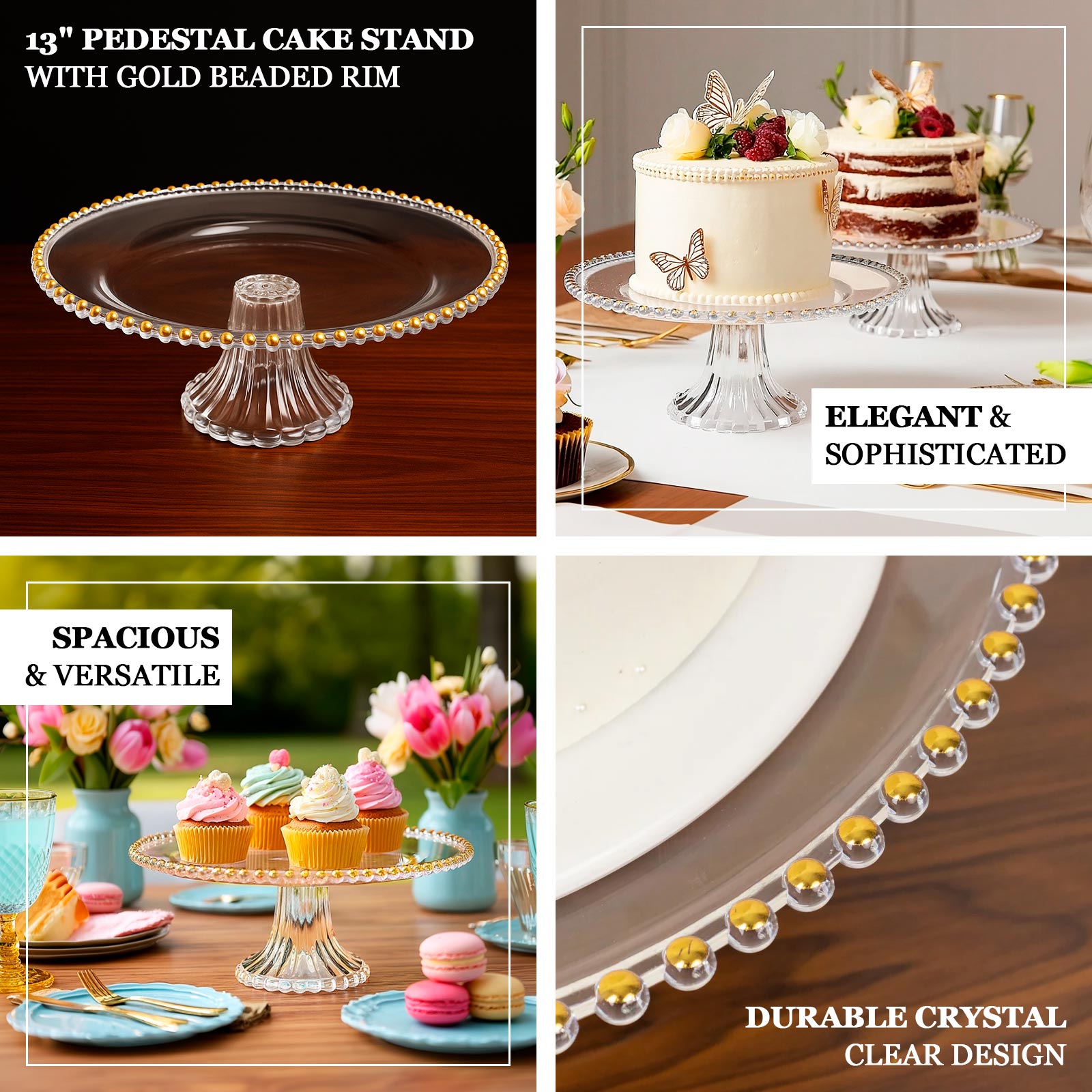 2 - Pack Clear Plastic Pedestal Cake Stands â€“ 13" Round Dessert Display Trays with Gold Beaded Rim - Bell Racket Store