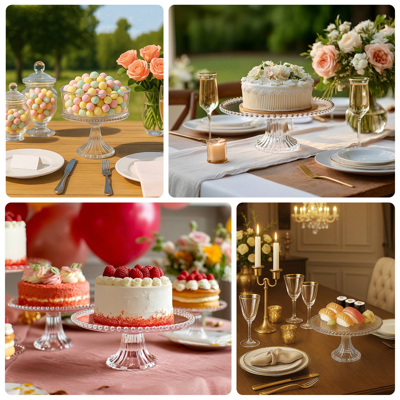 2 - Pack Clear Plastic Pedestal Cake Stands â€“ 13" Round Dessert Display Trays with Gold Beaded Rim - Bell Racket Store