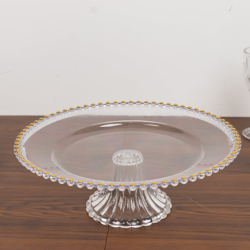 2 - Pack Clear Plastic Pedestal Cake Stands â€“ 13" Round Dessert Display Trays with Gold Beaded Rim - Bell Racket Store