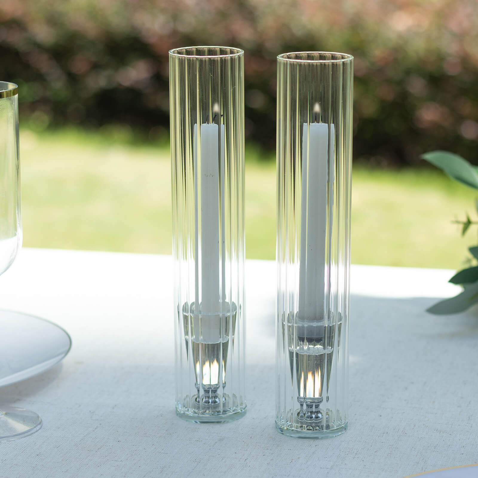 2 - Pack Clear Ribbed Glass Hurricane Shades Open End Design - Stylish Candelabra Pillar Candle Holder Table Centerpiece 10" - Bell Racket Store