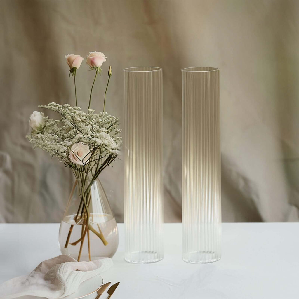 2 - Pack Clear Ribbed Glass Hurricane Shades Open End Design - Stylish Candelabra Pillar Candle Holder Table Centerpiece 14" - Bell Racket Store