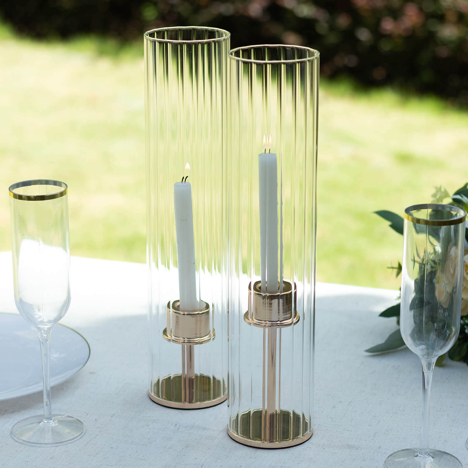2 - Pack Clear Ribbed Glass Hurricane Shades Open End Design - Stylish Candelabra Pillar Candle Holder Table Centerpiece 14" - Bell Racket Store